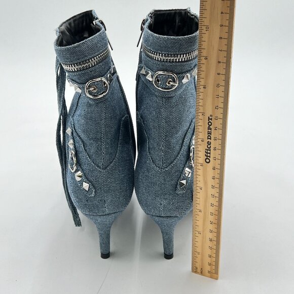 XYD Skyblue Denim Ultra Pointed Toe Kitten Heel Zipped Rivets Studded Ankle Boot - Picture 5 of 8